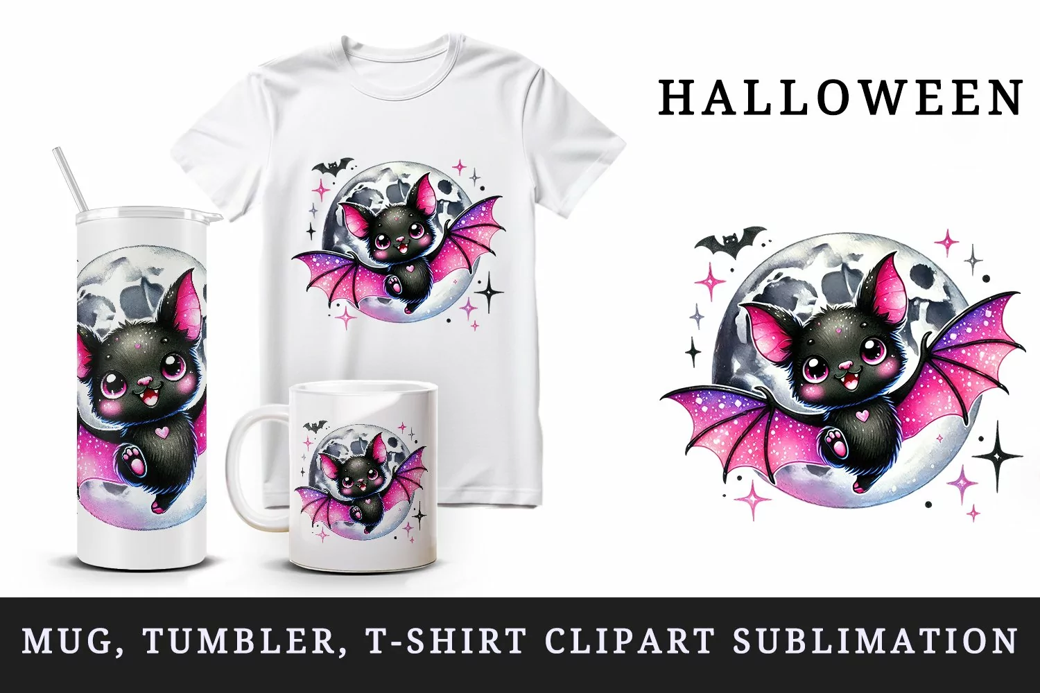 Watercolor cute bat with sparkling neon pink wings full moon Halloween print 20oz tumbler skinny mug wrap clipart t-shirt sublimation printable design