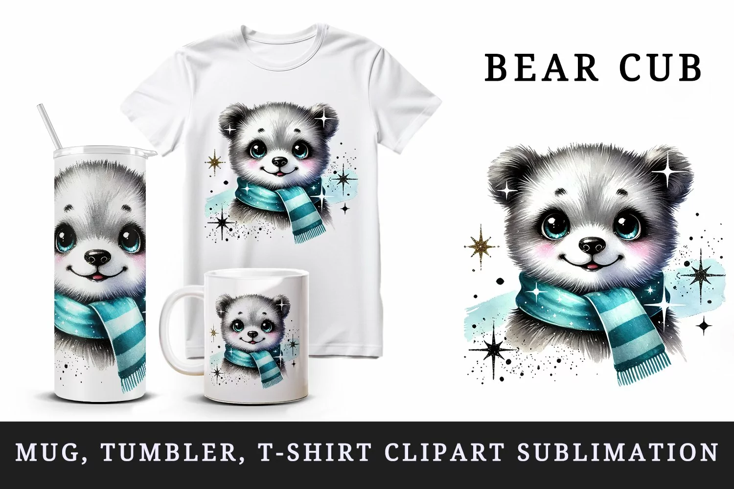 Watercolor cute bear cub blue scarf sparkles Christmas New Year winter animal print 20 oz tumbler mug wrap clipart printable sublimation design png