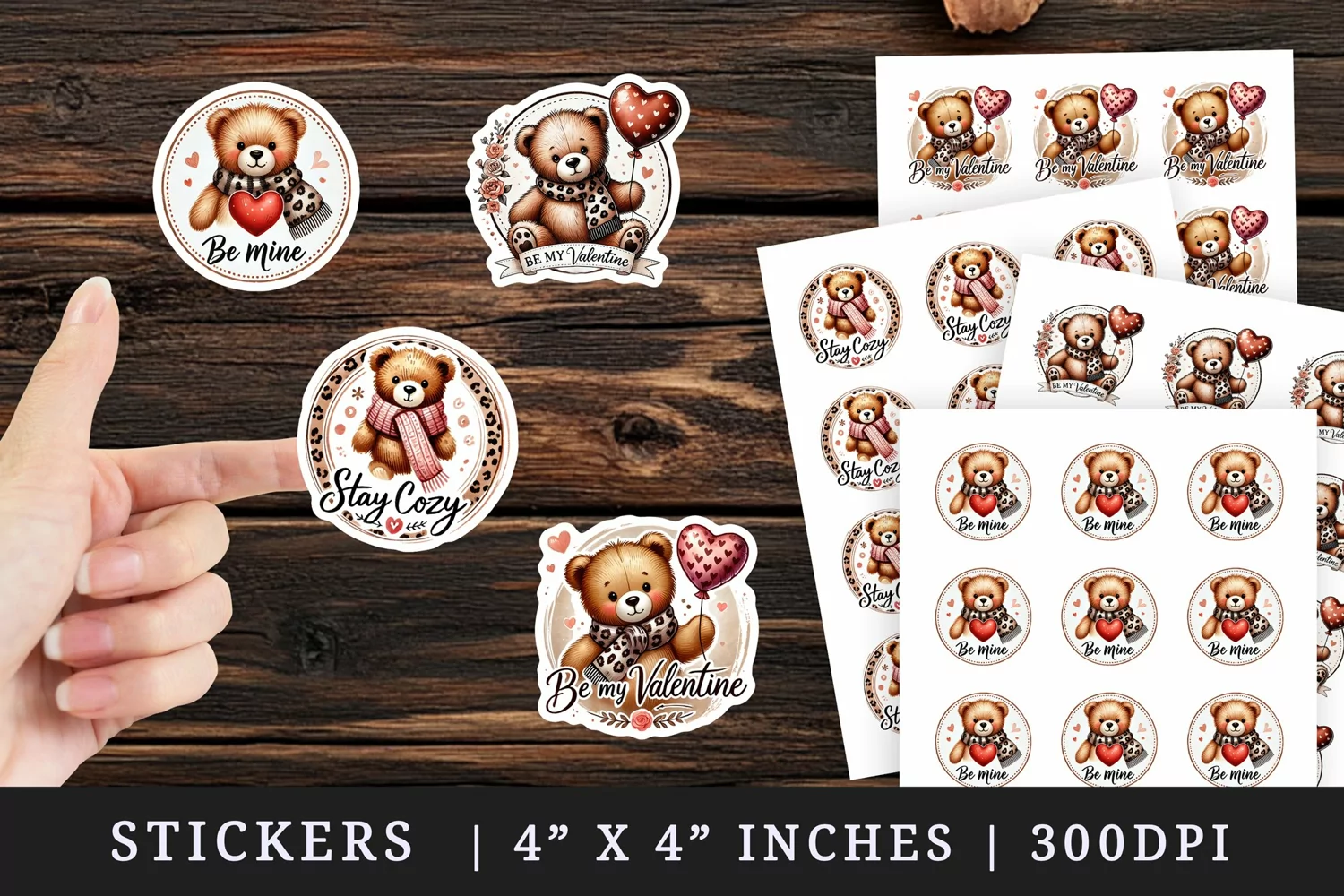 Watercolor cute bear leopard scarf holding red heart balloon Valentines Day quote love print sticker sheet stickers printable sublimation design png