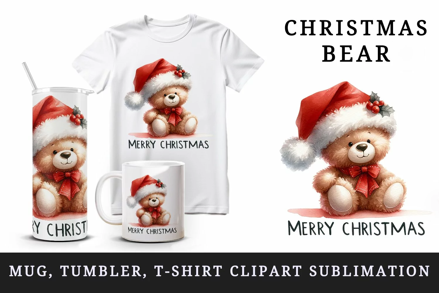 Watercolor cute bear Santa hat bow Merry Christmas greeting quote print 20 oz tumbler skinny mug wrap clipart t-shirt sublimation printable design