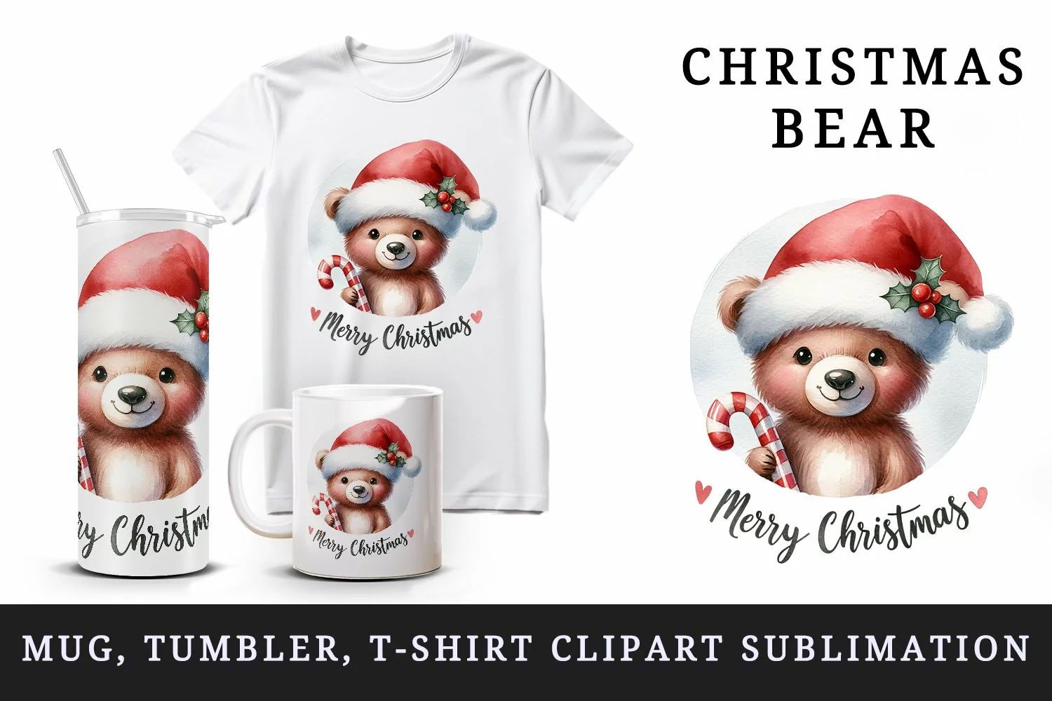 Watercolor cute bear Santa hat candy cane Merry Christmas quote print 20 oz tumbler skinny mug wrap clipart t-shirt sublimation printable design