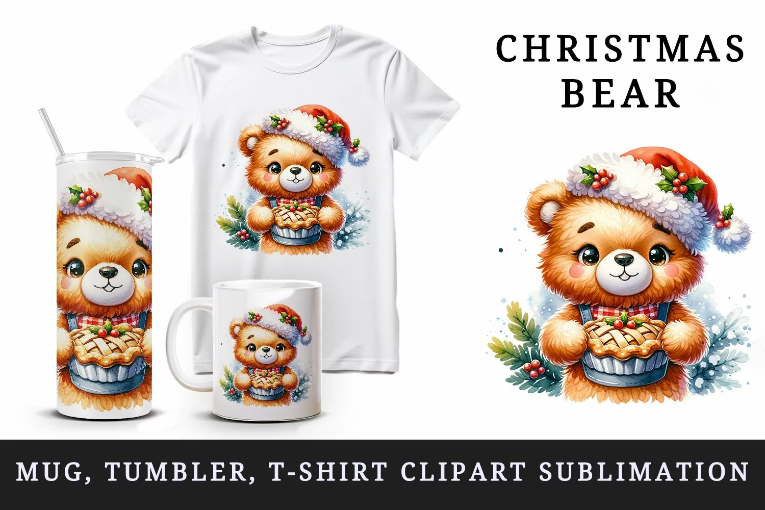 Watercolor cute bear Santa hat pie print 20 oz tumbler skinny mug wrap clipart t-shirt sublimation printable design