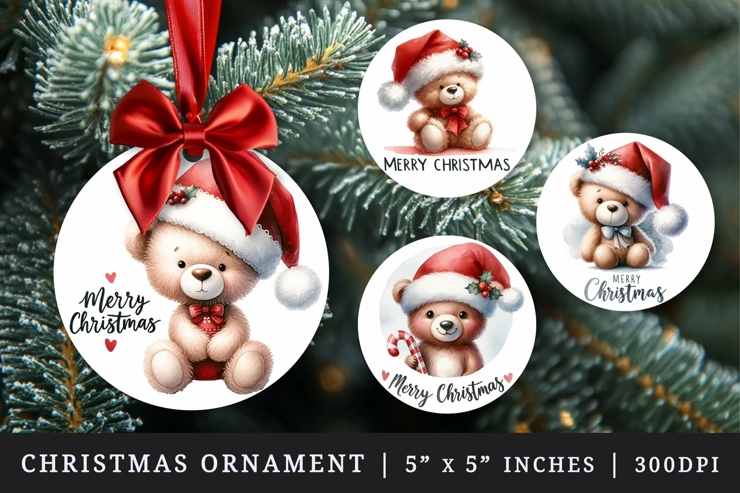 Watercolor cute bear toy wearing Santa hat and red bow Merry Christmas quote New Year winter print round ornament ornaments sublimation design