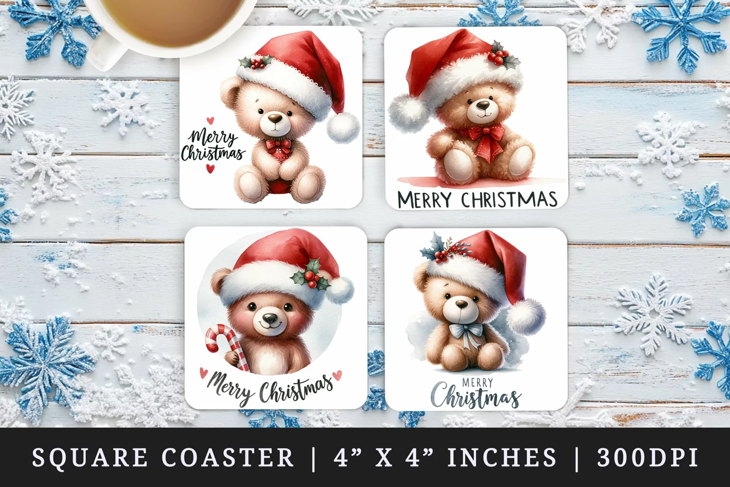 Watercolor cute bear toy wearing Santa hat and red bow Merry Christmas quote New Year winter print square coaster mug coasters sublimation design