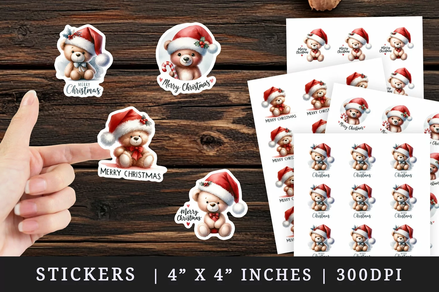 Watercolor cute bear toy wearing Santa hat red bow Merry Christmas quote New Year winter print sticker sheet stickers printable sublimation design png