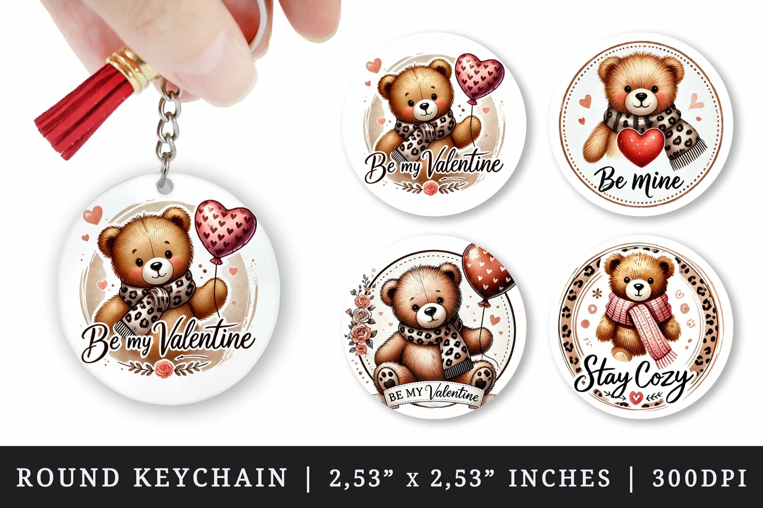 Watercolor cute bear wearing leopard scarf holding red heart balloon Valentines Day quote love print round keychain keychains sublimation design