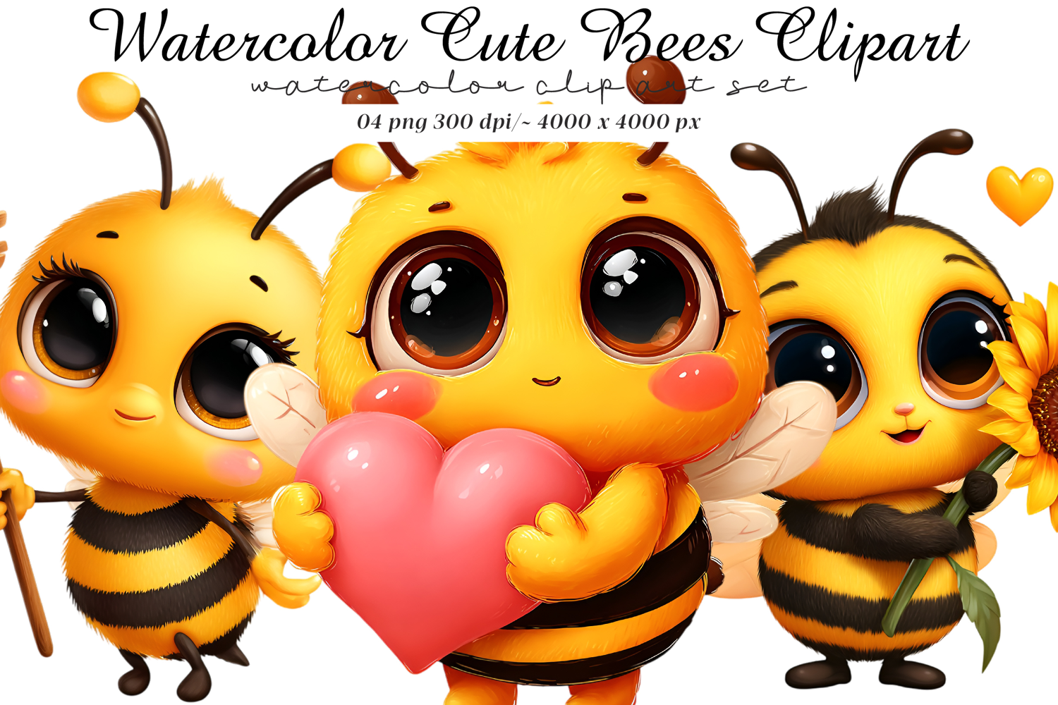 Watercolor cute bees clipart product image 1