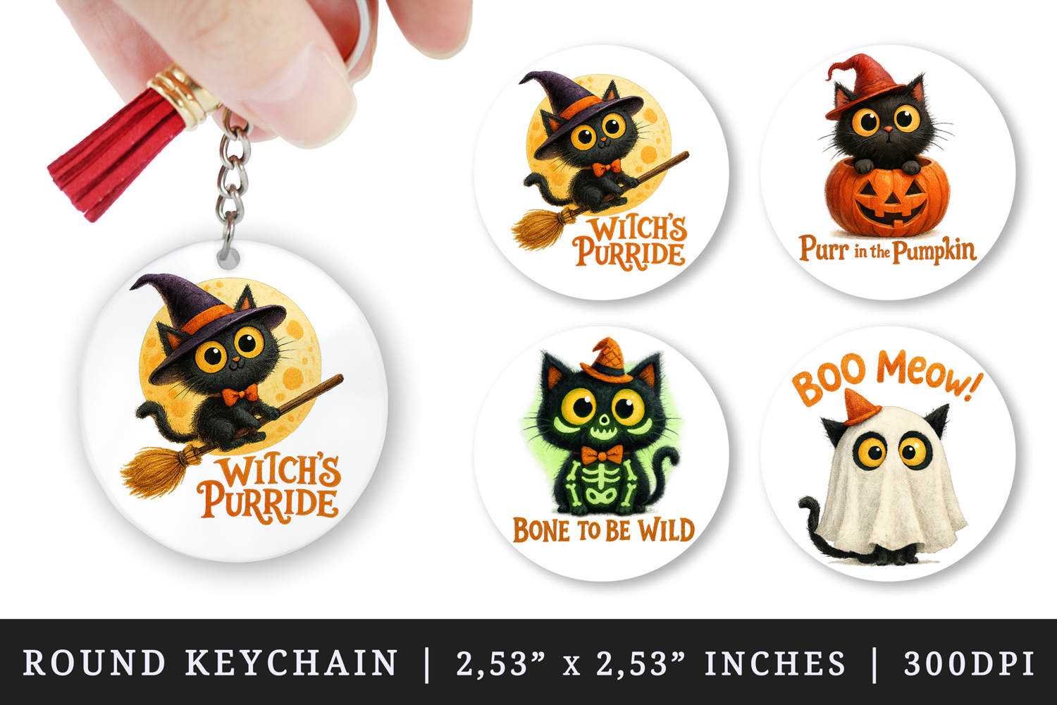 Watercolor cute black cat ghost witch pumpkin broomstick Halloween quote print round keychain keychains sublimation design
