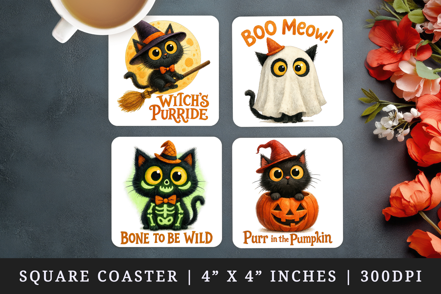 Watercolor cute black cat ghost witch pumpkin broomstick Halloween quote print square coaster mug coasters sublimation design