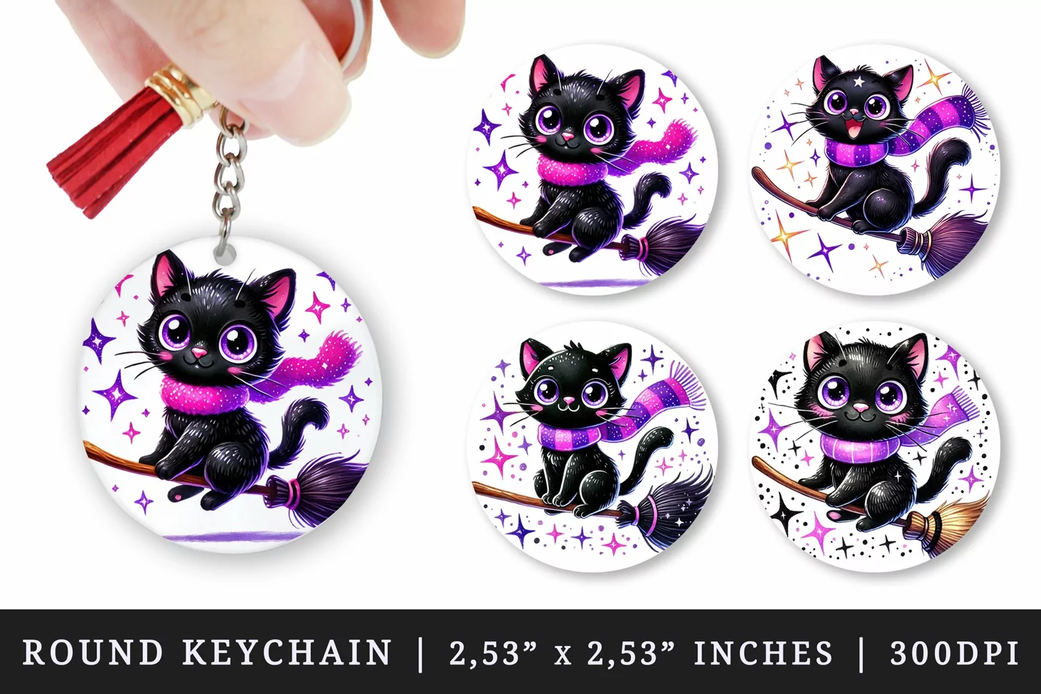 Watercolor cute black cat neon purple scarf riding broomstick Halloween print round keychain keychains sublimation design