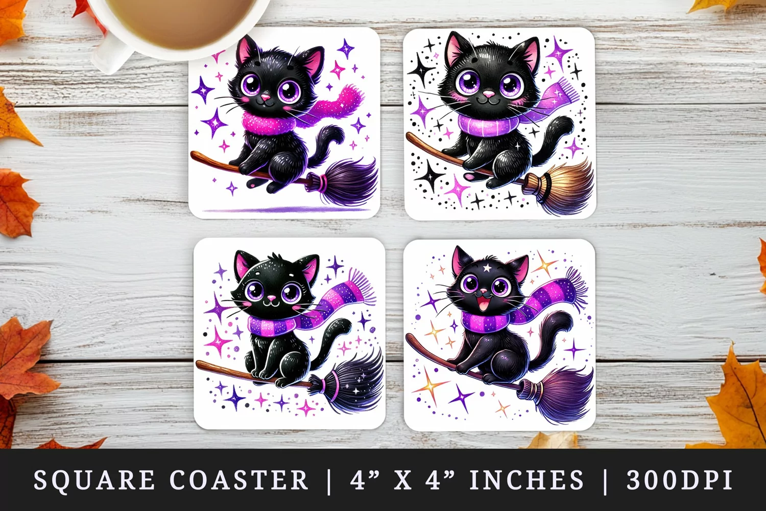 Watercolor cute black cat neon purple scarf riding broomstick Halloween print square coaster mug coasters sublimation design