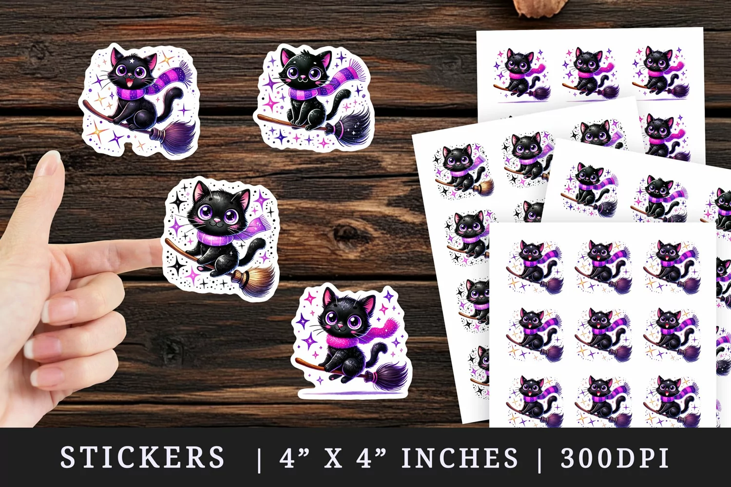 Watercolor cute black cat neon purple scarf riding broomstick Halloween print sticker sheet stickers printable sublimation design png
