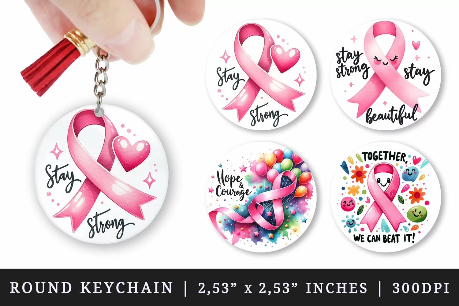 Watercolor cute breast cancer awareness pink ribbon and balloons heart Stay strong quote support print round keychain keychains sublimation design