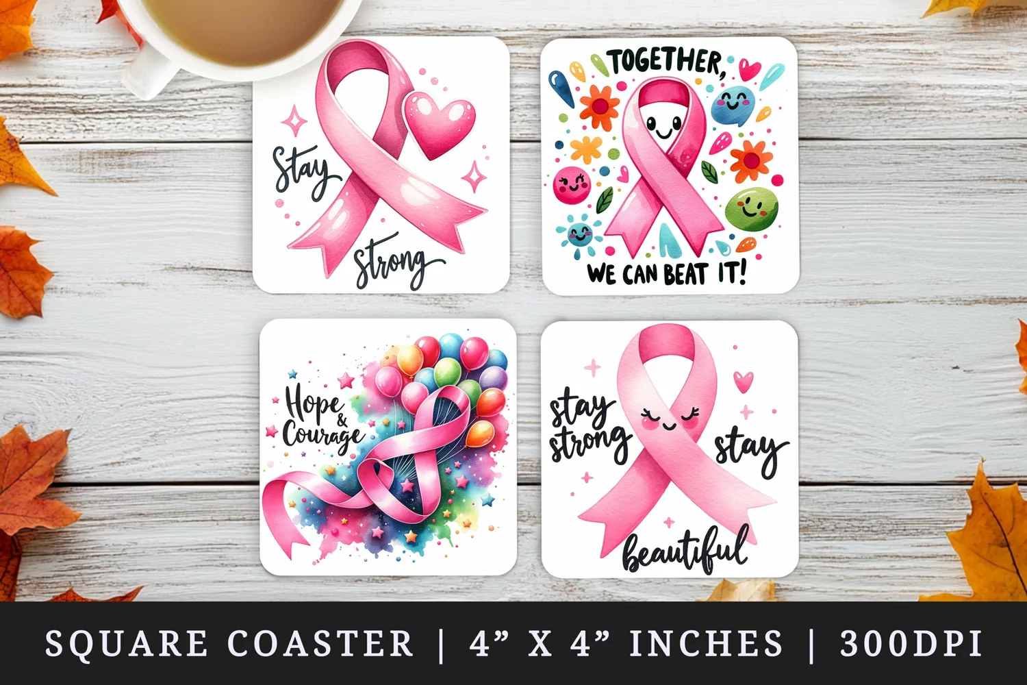 Watercolor cute breast cancer awareness pink ribbon and balloons heart Stay strong quote support print square coaster mug coasters sublimation design