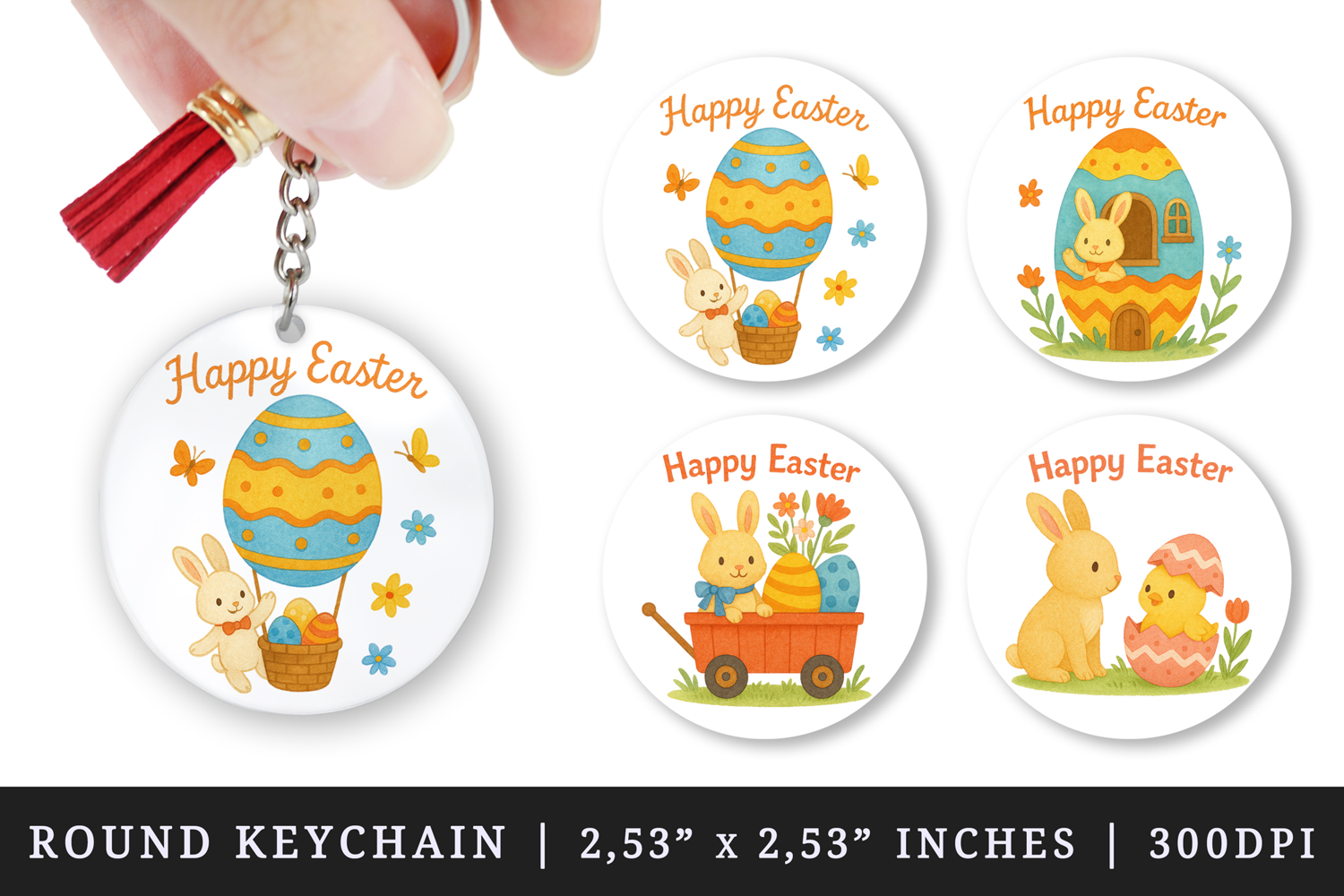 Watercolor cute bunny chick egg house spring flowers wagon Easter print round keychain keychains sublimation design