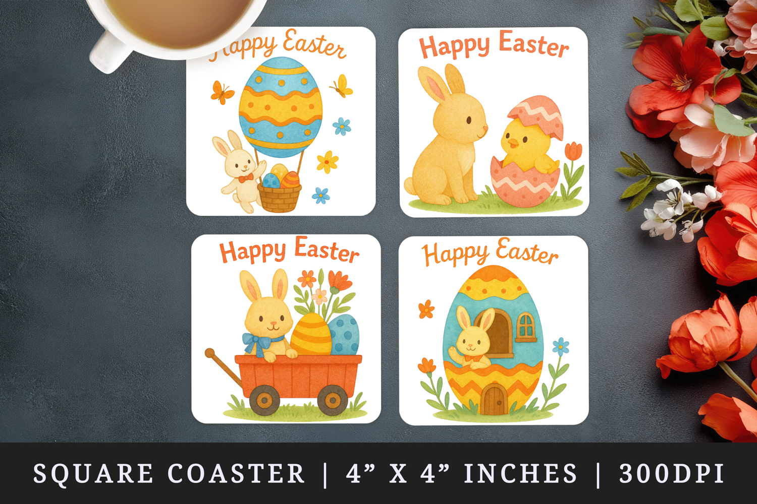 Watercolor cute bunny chick egg house spring flowers wagon Easter print square coaster mug coasters sublimation design