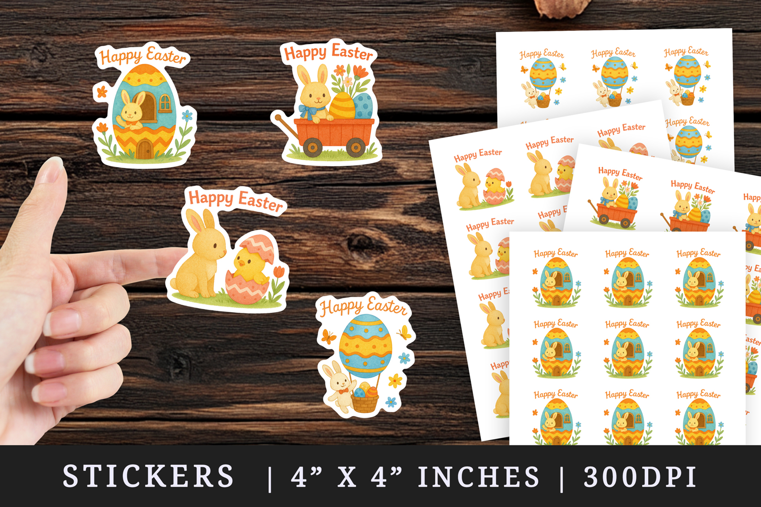 Watercolor cute bunny chick egg house spring flowers wagon Easter print sticker sheet stickers printable sublimation design png