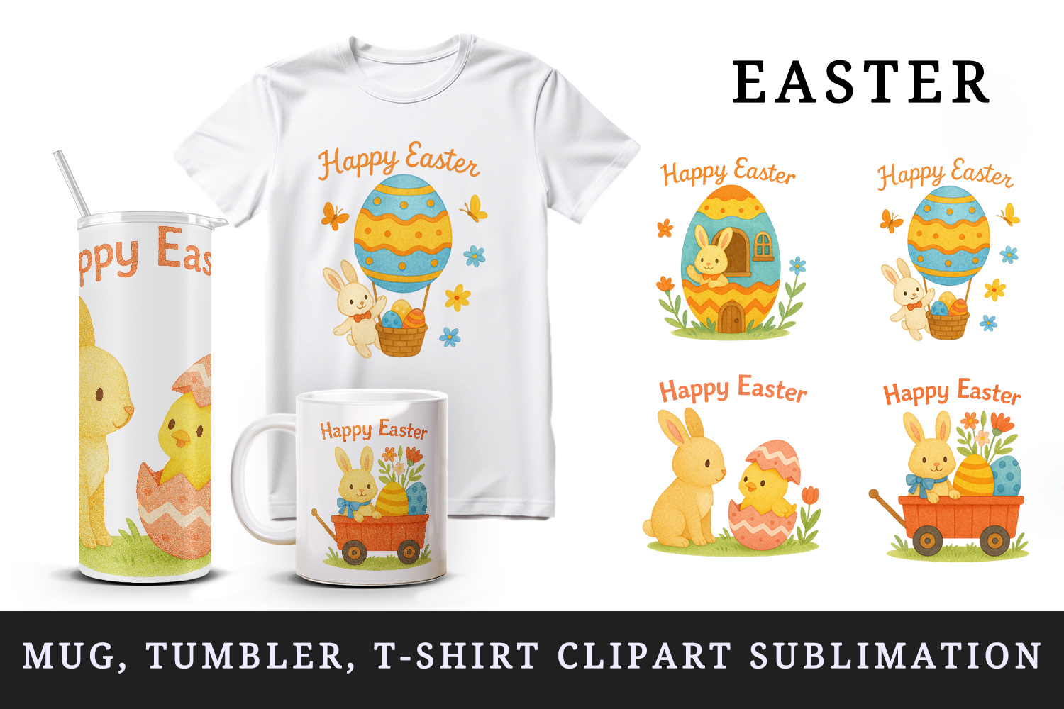 Watercolor cute bunny chick egg house spring flowers wagon Easter print tumbler skinny mug wrap clipart t-shirt sublimation printable design