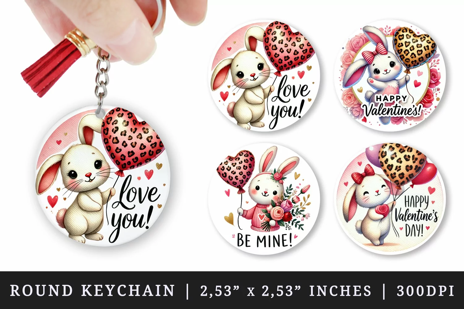 Watercolor cute bunny holding leopard print red heart balloon flowers Valentines Day quote love print round keychain keychains sublimation design