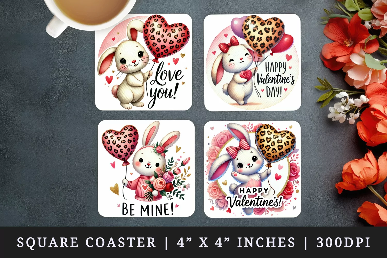 Watercolor cute bunny holding leopard print red heart balloon flowers Valentines Day quote love print square coaster mug coasters sublimation design