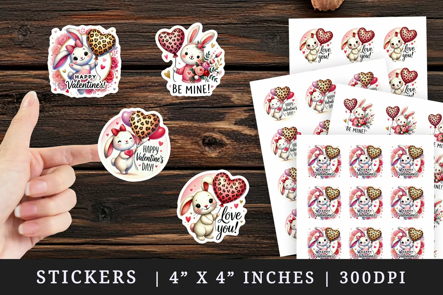 Watercolor cute bunny holding leopard red heart balloon flowers Valentines Day quote love print sticker sheet stickers printable sublimation design png