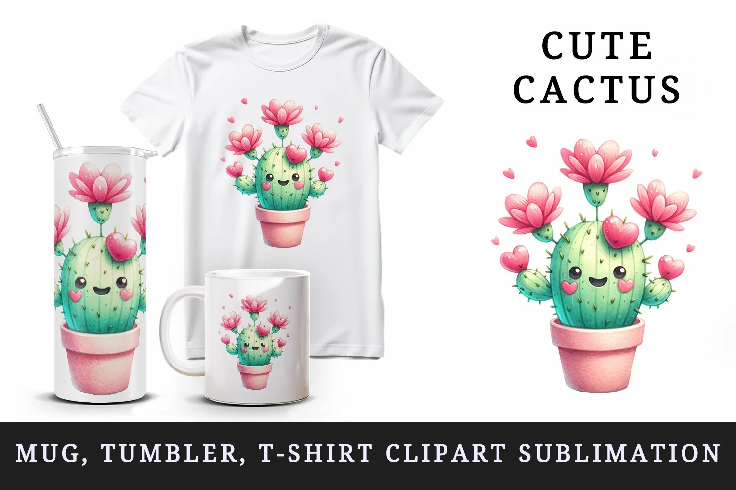 Watercolor cute cactus blooming with pink flowers hearts Valentine Day print 20oz tumbler skinny mug wrap clipart t-shirt sublimation printable design