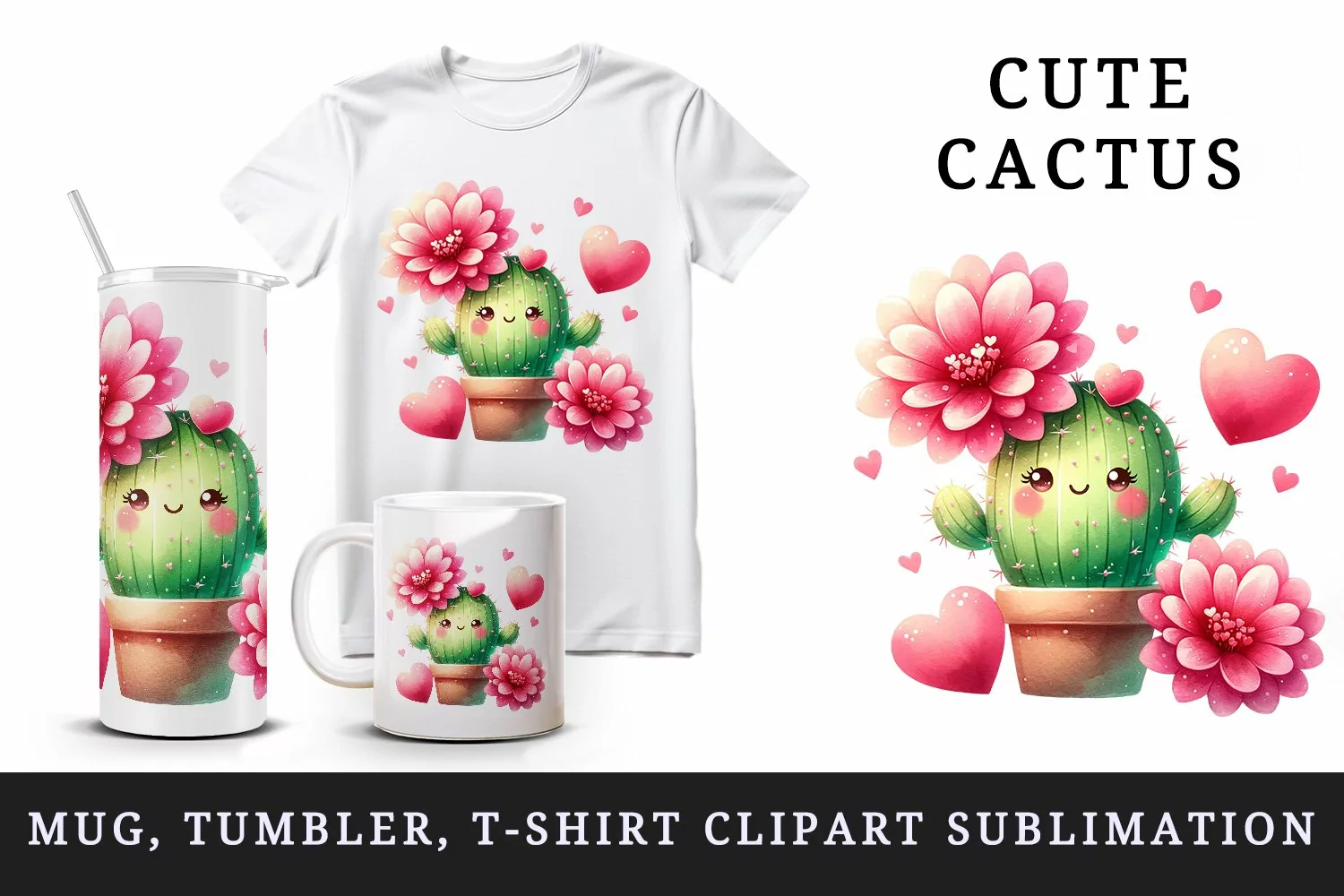 Watercolor cute cactus blooming with pink flowers hearts Valentine Day print 20oz tumbler skinny mug wrap clipart t-shirt sublimation printable design