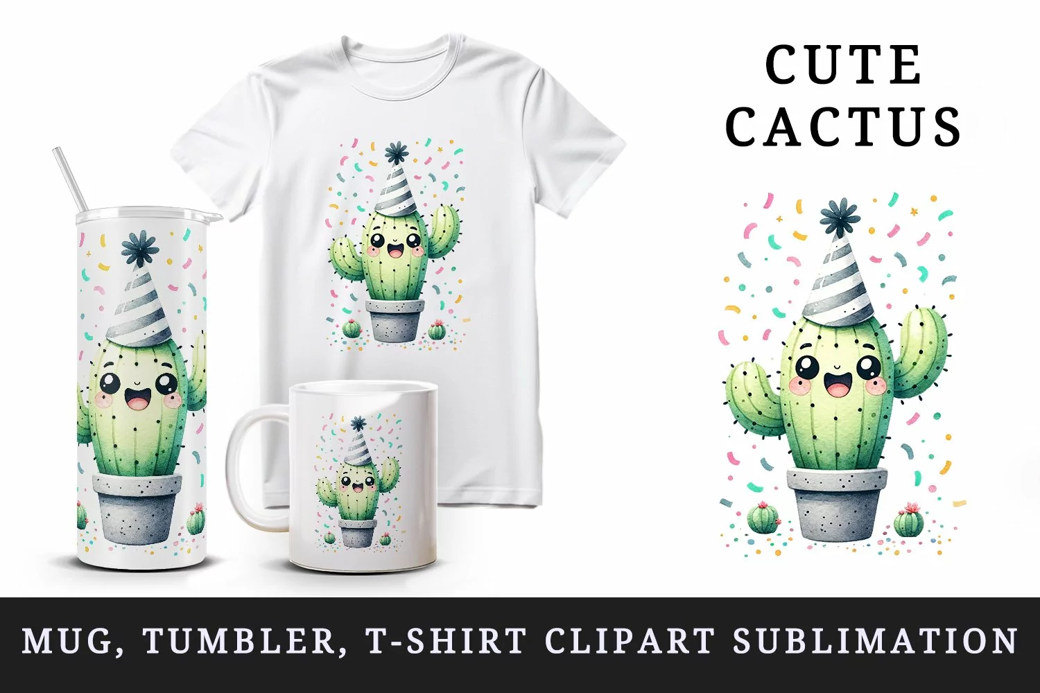 Watercolor cute cactus smile wearing birthday party hat confetti print 20 oz tumbler skinny mug wrap clipart t-shirt sublimation printable design