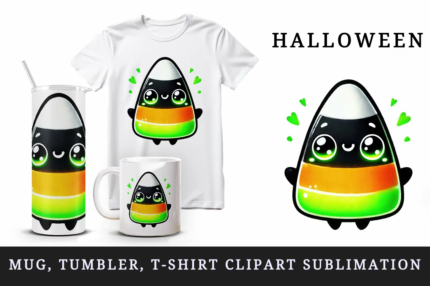 Watercolor cute candy corn character glowing with neon green Halloween print 20oz tumbler skinny mug wrap clipart t-shirt sublimation printable design