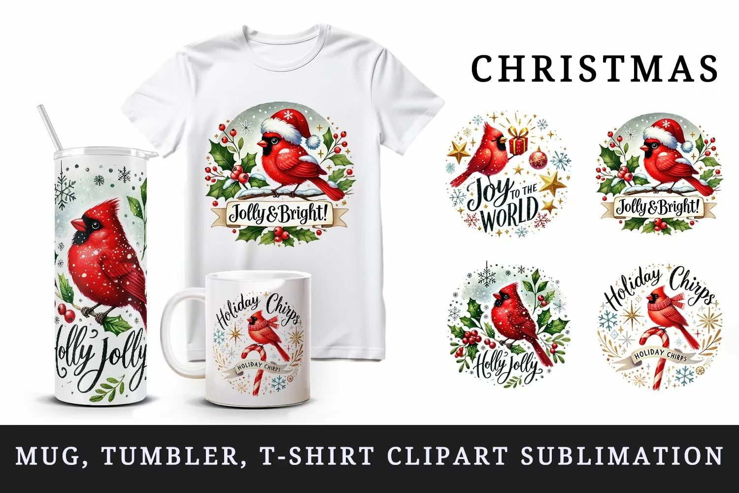 Watercolor cute cardinal holly berries Christmas quote New Year winter print tumbler skinny mug wrap clipart t-shirt sublimation printable design png