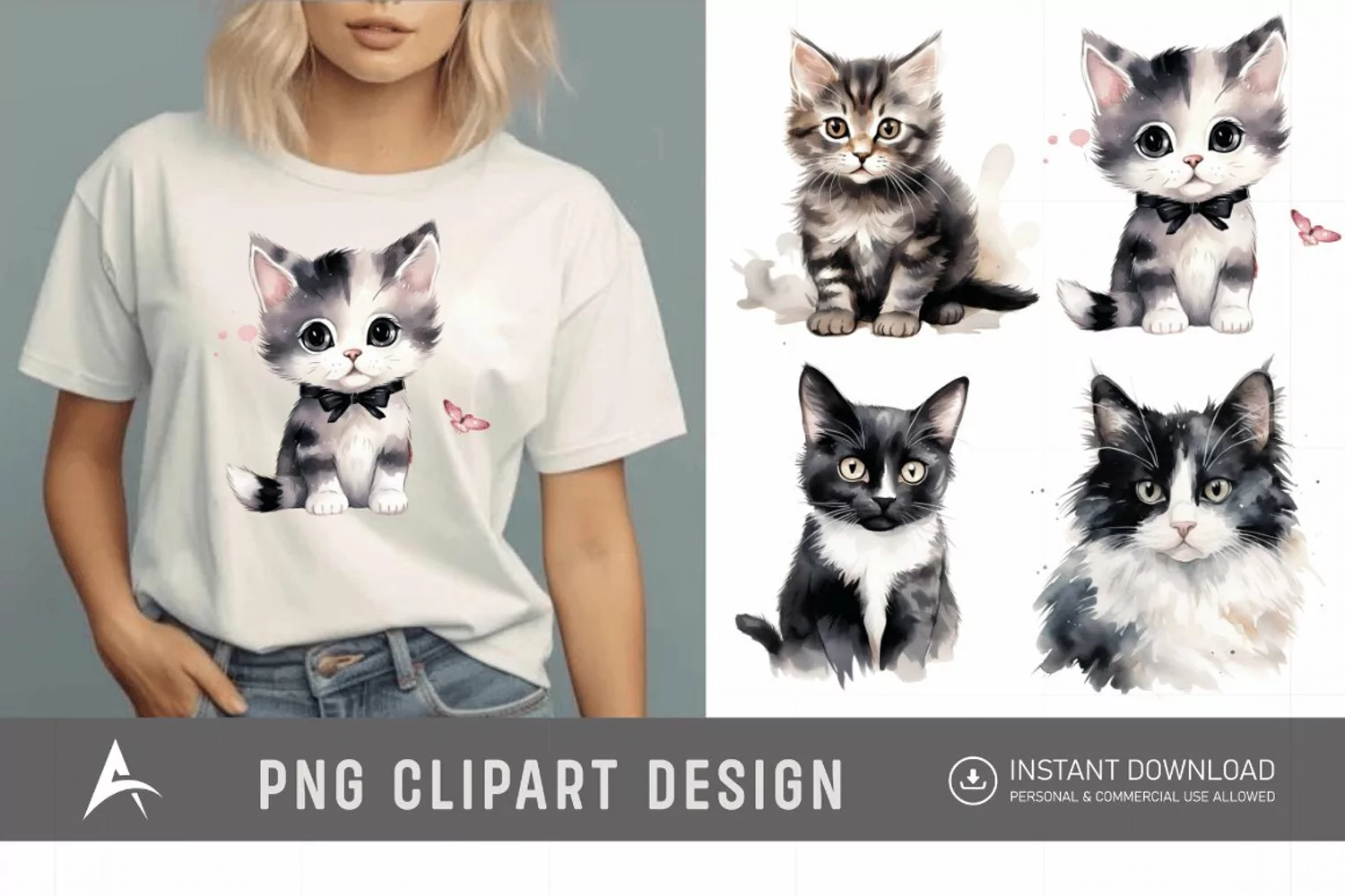 Watercolor Cute Cat Clipart product image 1