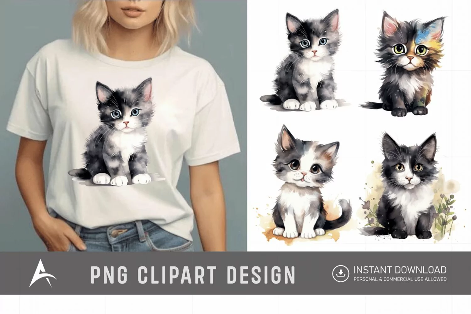 Watercolor Cute Cat Clipart product image 1