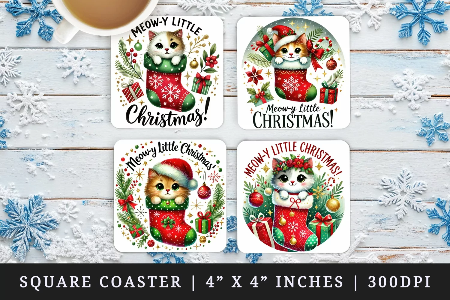 Watercolor cute cat peeking out of stocking filled sparkles and gifts Christmas quote New Year winter print square coaster mug coasters sublimation design