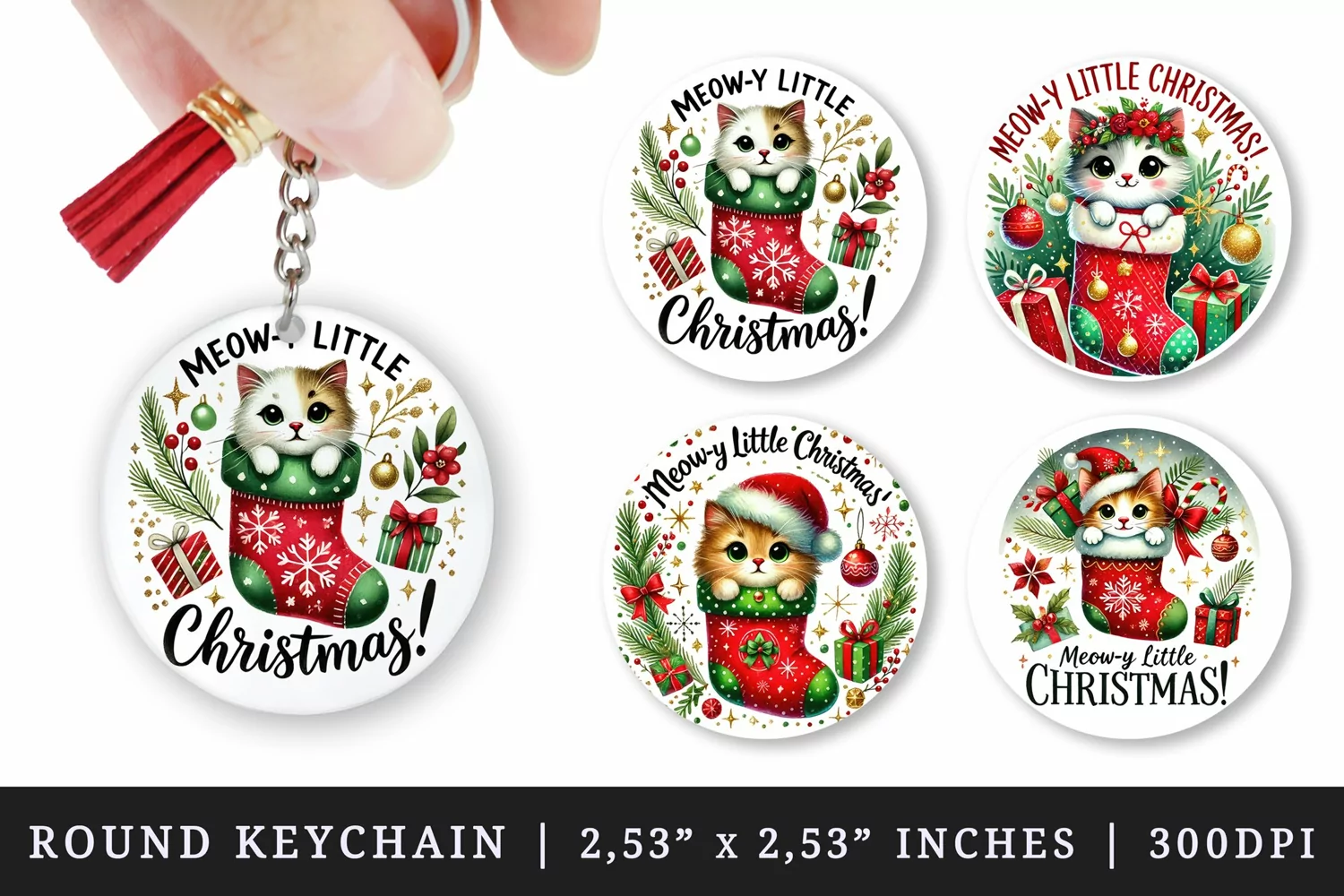 Watercolor cute cat peeking out of stocking filled sparkles and gifts Christmas quote New Year winter print round keychain keychains sublimation design