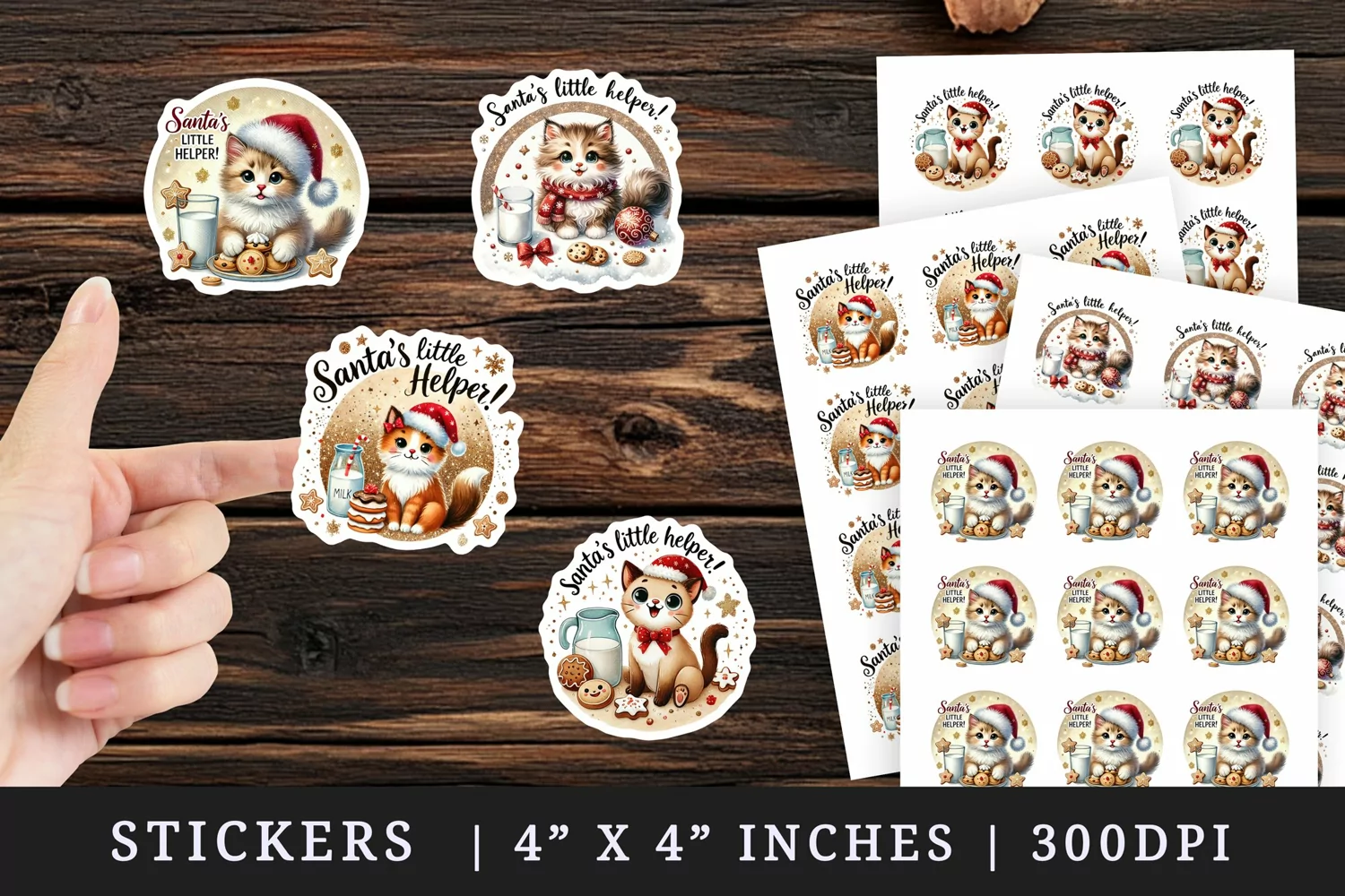 Watercolor cute cat Santa hat cookies milk Little Helper Christmas quote New Year winter print sticker sheet stickers printable sublimation design png