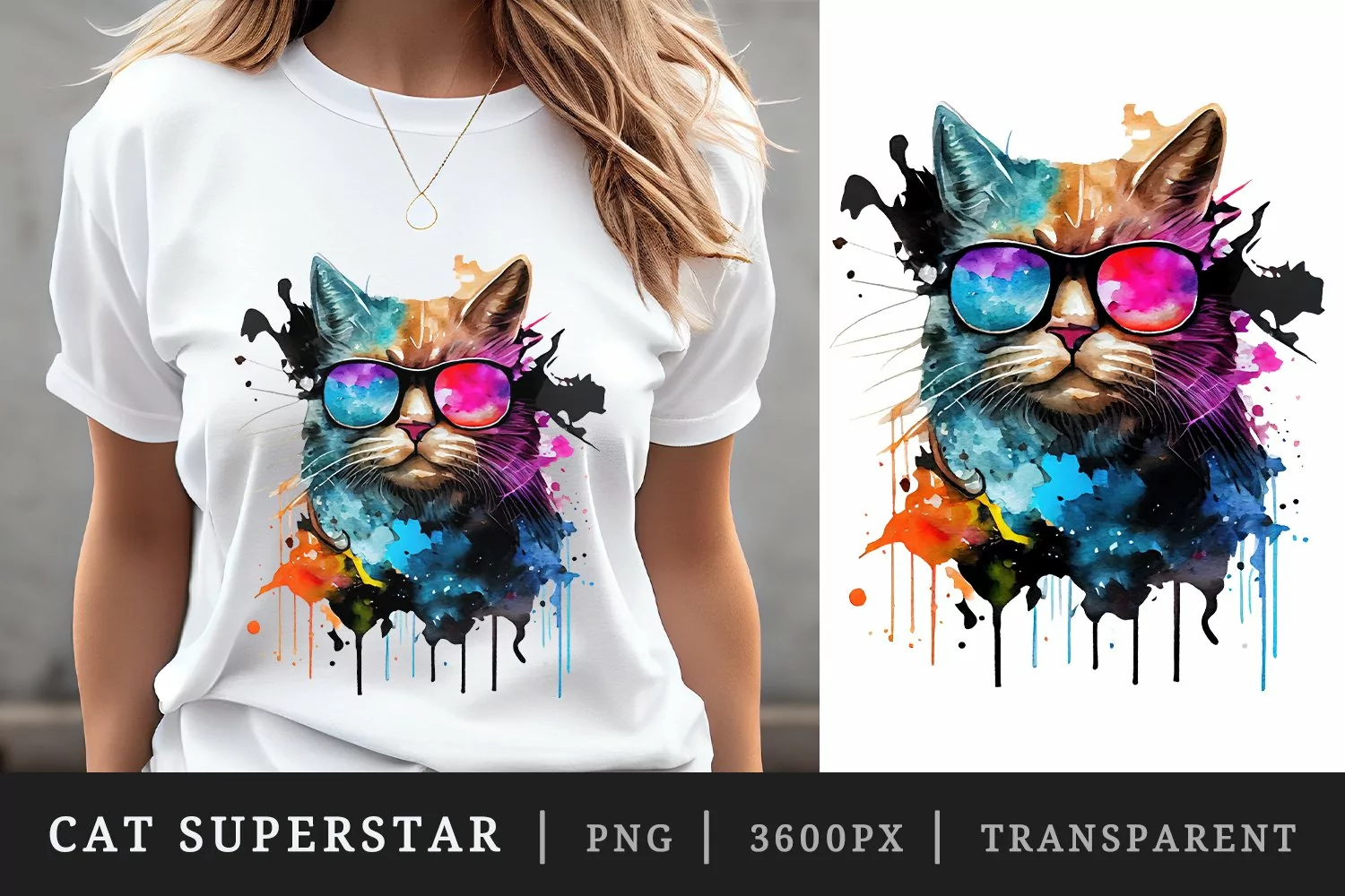 Watercolor cat superstar t-shirt sublimation print design product image 1