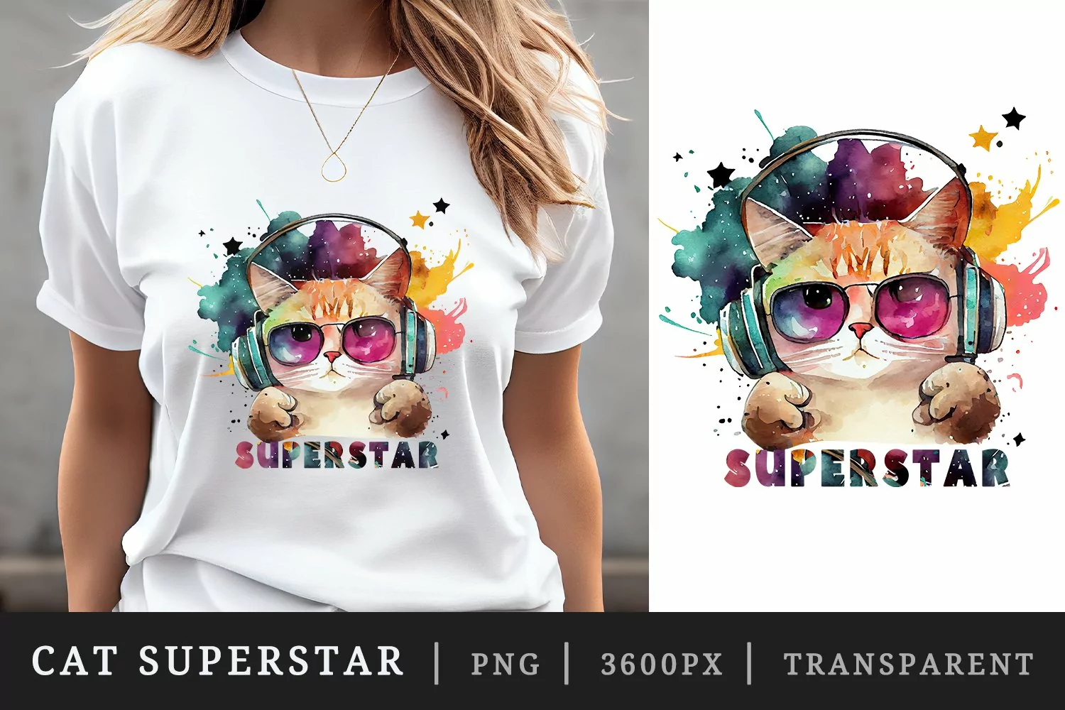 Watercolor cat superstar t-shirt sublimation print design product image 1