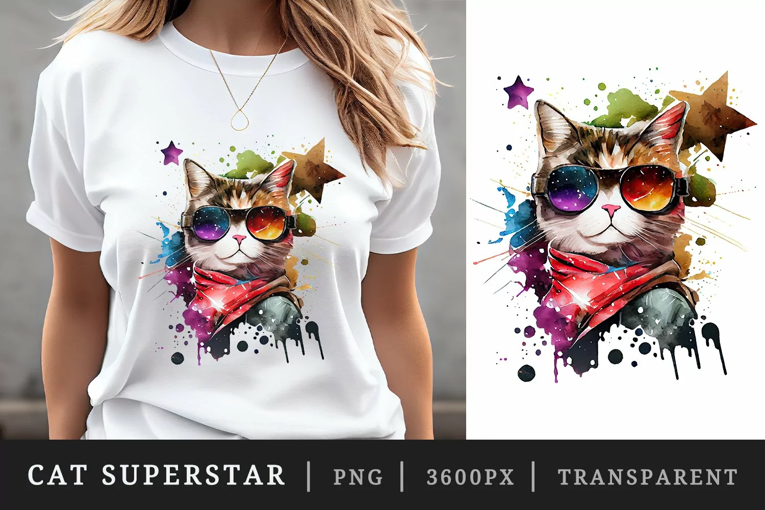Watercolor cat superstar t-shirt sublimation print design product image 1