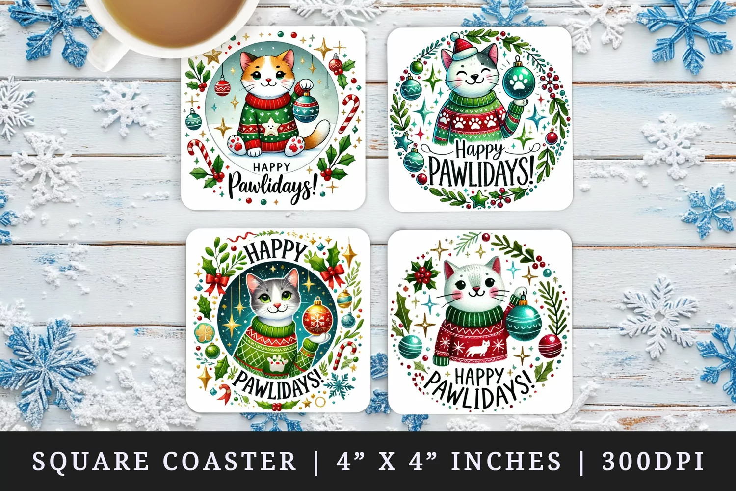 Watercolor cute cat wearing sweater holding ornament Christmas quote New Year winter print square coaster mug coasters sublimation design
