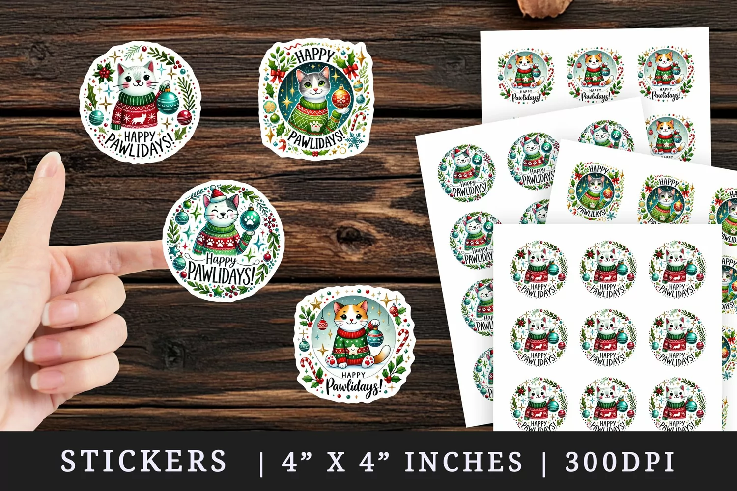 Watercolor cute cat wearing sweater holding ornament Christmas quote New Year winter print sticker sheet stickers printable sublimation design png