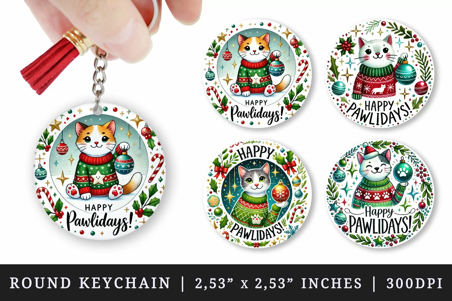 Watercolor cute cat wearing sweater holding ornament circular frame Christmas quote New Year winter print round keychain keychains sublimation design