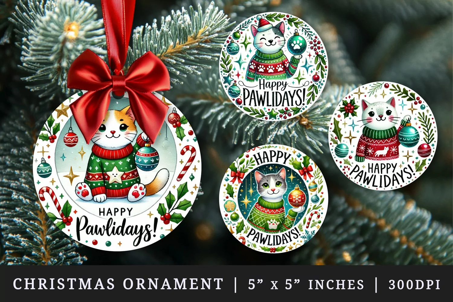 Watercolor cute cat wearing sweater holding ornament circular frame Christmas quote New Year winter print round ornament ornaments sublimation design