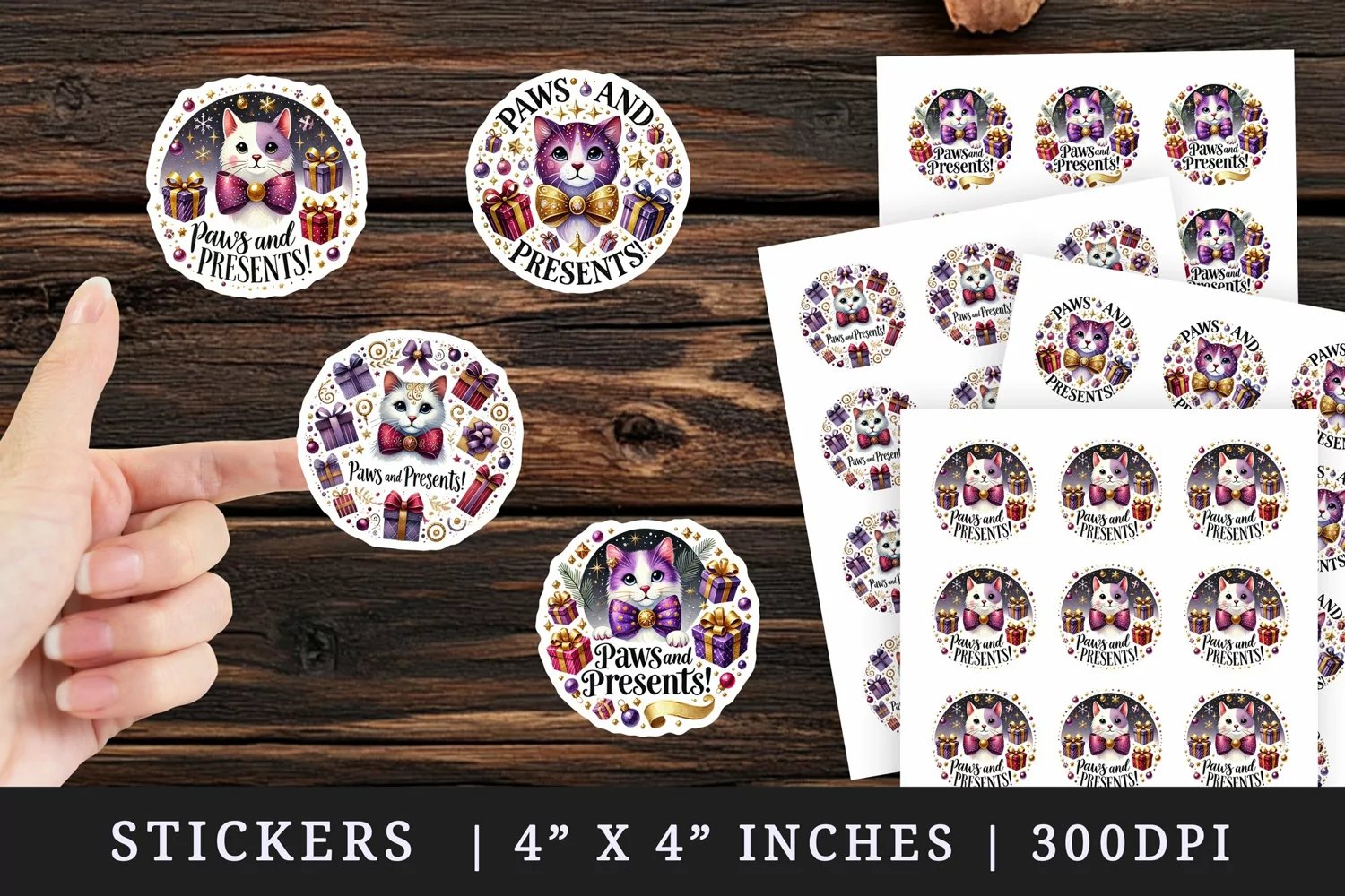 Watercolor cute cat with bowtie presents circular frame Christmas quote New Year winter print sticker sheet stickers printable sublimation design png