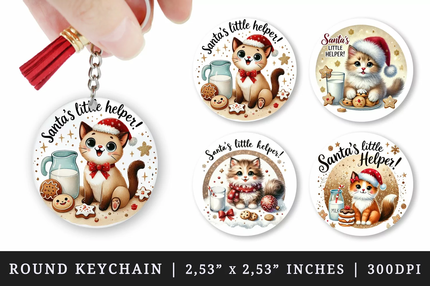 Watercolor cute cat with Santa hat cookies and milk Little Helper Christmas quote New Year winter print round keychain keychains sublimation design