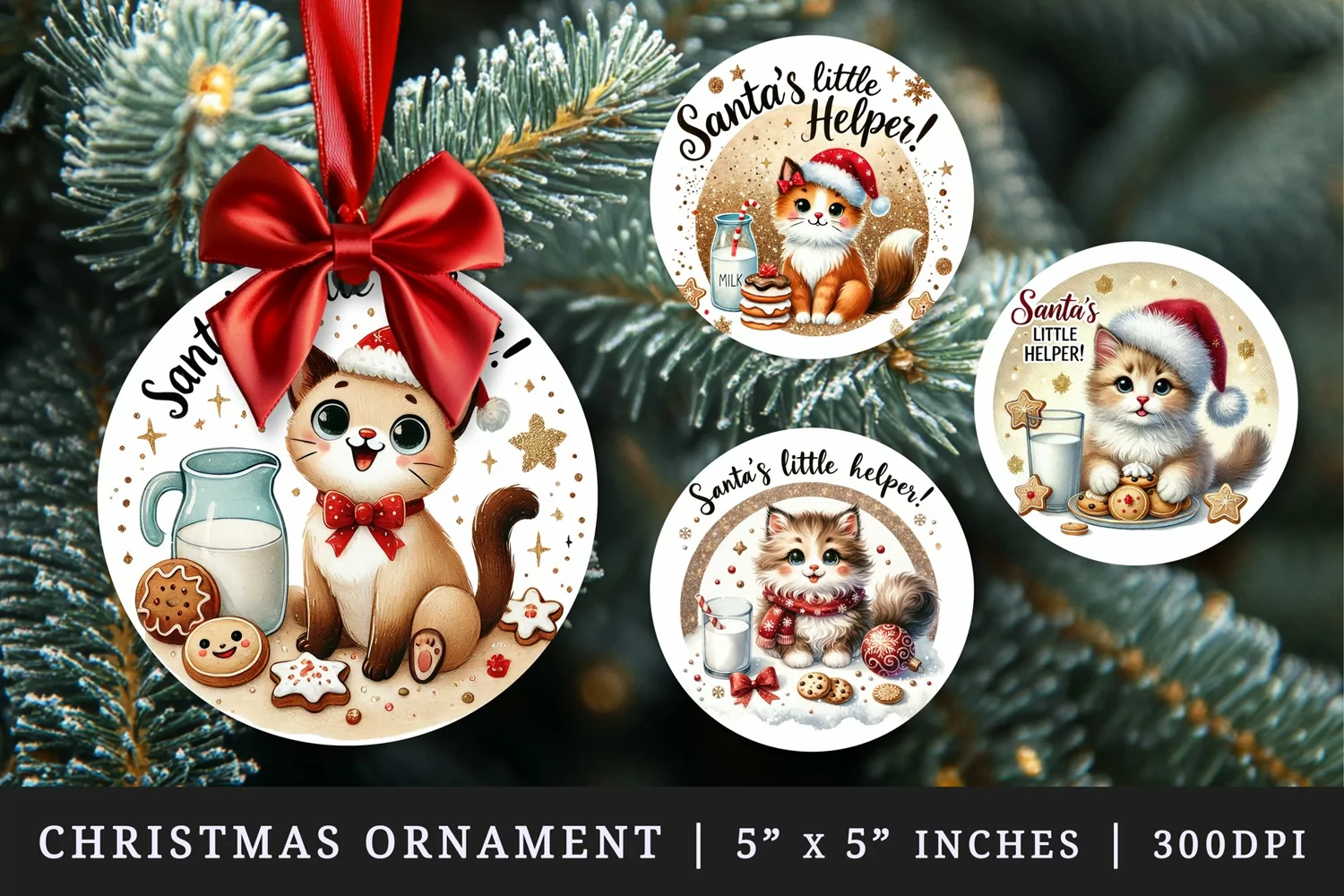 Watercolor cute cat with Santa hat cookies and milk Little Helper Christmas quote New Year winter print round ornament ornaments sublimation design