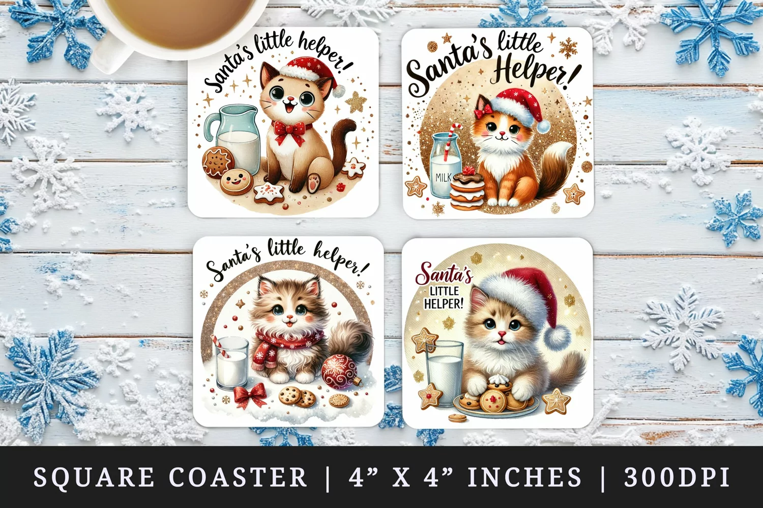 Watercolor cute cat with Santa hat cookies and milk Little Helper Christmas quote New Year winter print square coaster mug coasters sublimation design