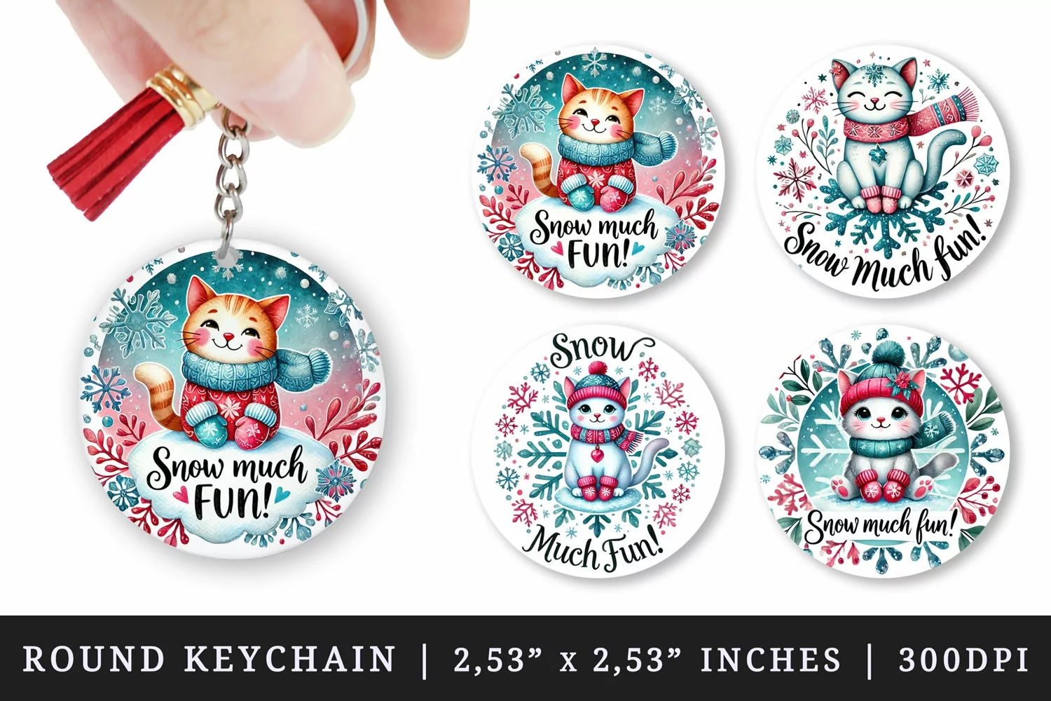 Watercolor cute cat with scarf and mittens snowflake circular frame Christmas quote New Year winter print round keychain keychains sublimation design