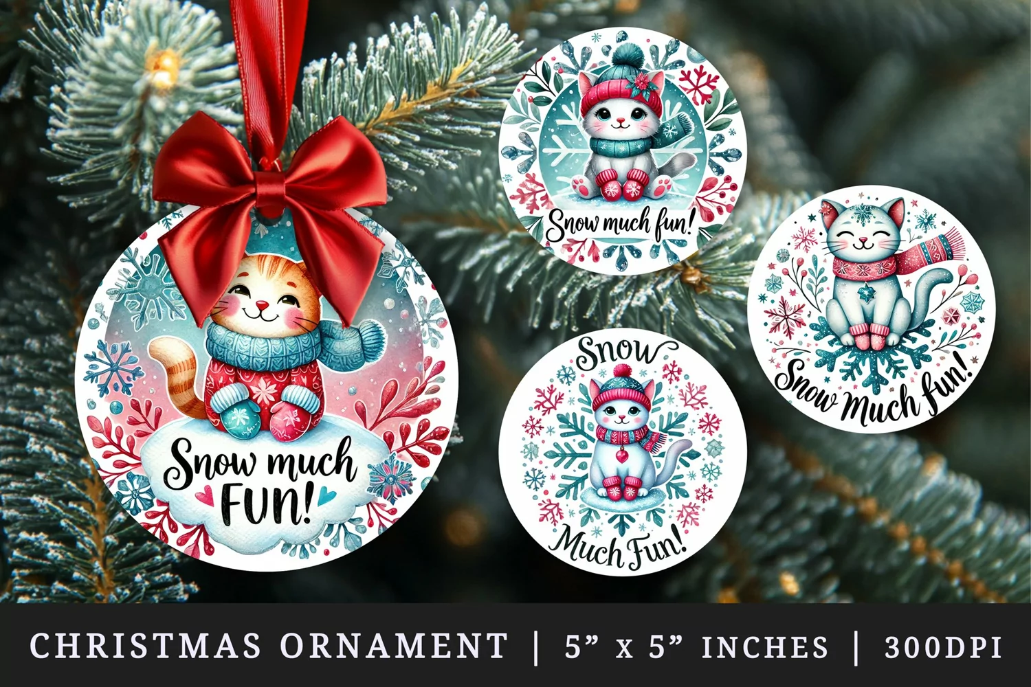 Watercolor cute cat with scarf and mittens snowflake circular frame Christmas quote New Year winter print round ornament ornaments sublimation design