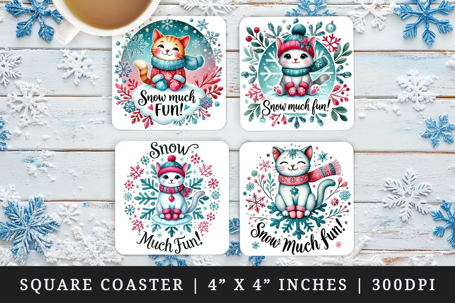 Watercolor cute cat with scarf mittens snowflake circular frame Christmas quote New Year winter print square coaster mug coasters sublimation design