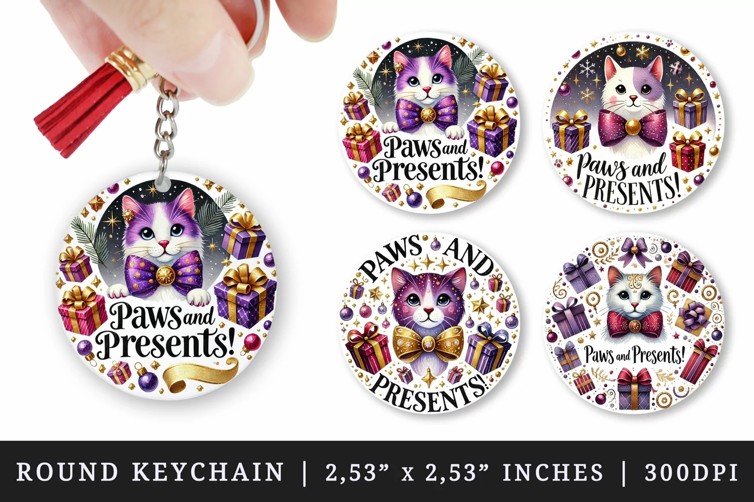 Watercolor cute cat with sparkling bowtie presents circular frame Christmas quote New Year winter print round keychain keychains sublimation design